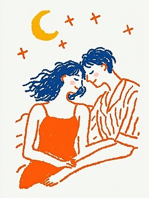 JPG 커플 행복 감정 별 일러스트 밤하늘 따뜻함 사랑 미소 청춘 기댐 낭만 달 포근함 그림 소통 순간 여름밤 국내일러스트 AI일러스트 AI콘텐츠 자연요소 컨셉 관계 모션 하늘 표정 여름 감각 야간 파일형식