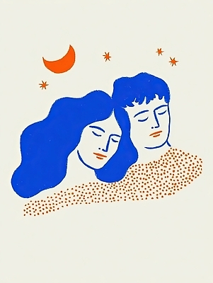 JPG 여자 남자 감정 별 예술 일러스트 밤하늘 따뜻함 사랑 기댐 고요 달 시간 편안함 그림 심플 국내일러스트 AI일러스트 AI콘텐츠 자연요소 모션 하늘 사람 감각 야간 파일형식