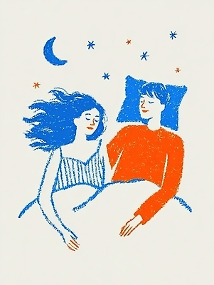 JPG 행복 감정 별 일러스트 하늘 휴식 함께함 따뜻함 사랑 사람 꿈 이불 시간 잠 편안함 지루함 그림 부드러움 국내일러스트 AI일러스트 AI콘텐츠 자연요소 컨셉 침구 감각 파일형식