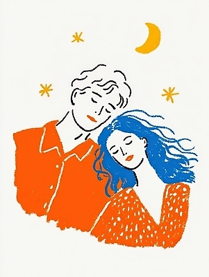 JPG 긴머리 커플 여자 남자 행복 감정 별 예술 컬러 일러스트 관계 포옹 따뜻함 사랑 미소 달 그림 국내일러스트 AI일러스트 AI콘텐츠 자연요소 헤어스타일 안기 표정 사람 파일형식