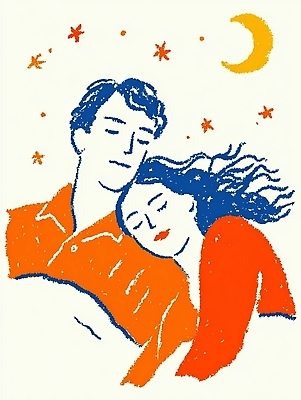 JPG 행복 감정 별 일러스트 관계 포옹 밤하늘 따뜻함 사랑 두명 평화 꿈 로맨틱 달 연결 소중 그림 감싸기 순간 국내일러스트 AI일러스트 AI콘텐츠 자연요소 컨셉 안기 모션 하늘 사람 야간 파일형식