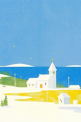 JPG 나무 바다 십자가 겨울 야경 일러스트 자연 하늘 산 풍경 건물 파란색 교회 평화 전선 흰색 조용 조화 국내일러스트 AI일러스트 AI콘텐츠 식물 건축물 계절 컬러 컨셉 종교건축 야간 생태계 파일형식 풍경_경치