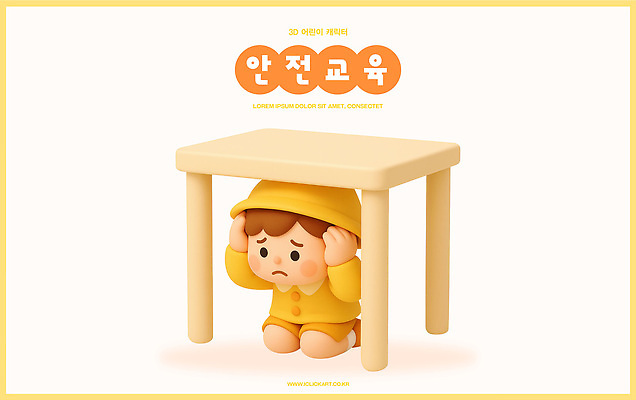 PSD 편집이미지 교육 어린이 인형 탁자 노란색 아기 보호 불안 장면 우비 안전교육 반응 숨기 위기 편집3D 옷 감정 컬러 가구 컨셉 모션 안전 사람 3D 파일형식