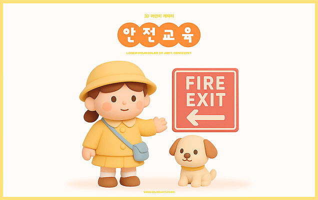 PSD 동물 편집이미지 캐릭터 교육 어린이 출입구 안전 소녀 노란색 귀여움 표지판 강아지 화재 안전수칙 안전교육 편집3D 여자 컬러 컨셉 알림판 사람 반려동물 3D 개 사건 파일형식
