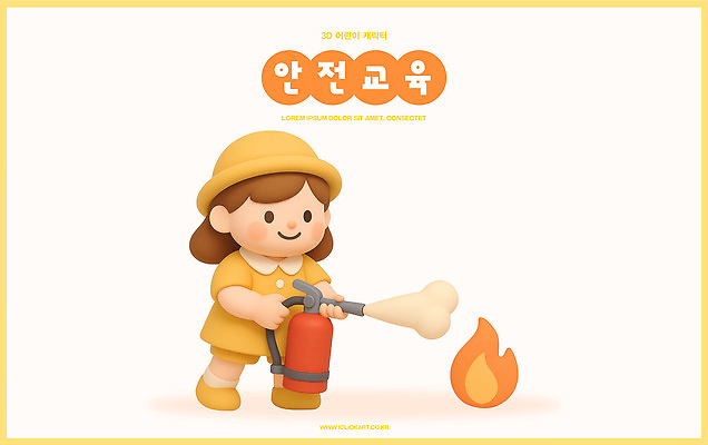 PSD 편집이미지 캐릭터 교육 어린이 불 안전 그래픽 주황색 소방 예방 화재 장면 안전교육 소화기 중요성 아기자기 편집3D 자연요소 컬러 컨셉 사람 3D 안전장비 사건 파일형식