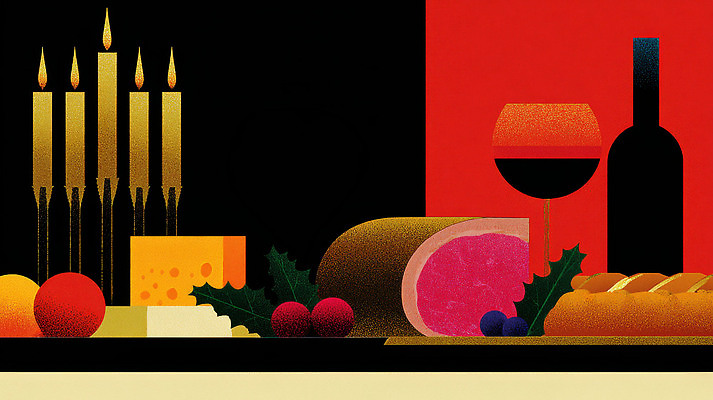 JPG 음식 크리스마스 과일 일러스트 촛불 식탁 치즈 장식 빨간색 파티 와인 검은색 축제 저녁식사 모임 즐거움 잔치 햄 연말 국내일러스트 기념일 감정 컬러 초 탁자 유제품 주류 육류 이벤트 식사 파일형식