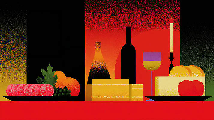 JPG 음료 음식 컬러 과일 일러스트 촛불 탁자 육류 케이크 와인 식사 저녁식사 신선 분위기 황금 애피타이저 설탕 즐거움 준비 조화 국내일러스트 AI일러스트 AI콘텐츠 감정 가구 컨셉 식재료 초 디저트 주류 파일형식