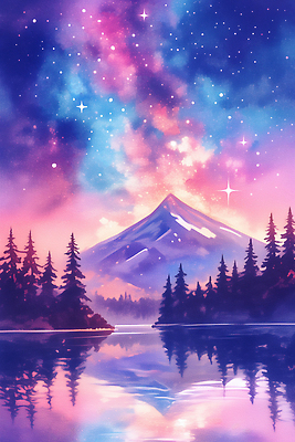 JPG 나무 별 호수 물결 컬러 일러스트 자연 밤하늘 산 풍경 빛 반사 평화 우주 일출 어둠 일몰 숲 그림 수평선 국내일러스트 AI일러스트 AI콘텐츠 자연요소 식물 컨셉 하늘 노을 야간 생태계 파일형식