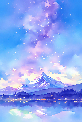 JPG 호수 컬러 일러스트 자연 하늘 산 풍경 물 반사 평화 노을 고요 일몰 저녁 숲 별빛 설산 국내일러스트 AI일러스트 AI콘텐츠 자연요소 별 컨셉 빛 야간 생태계 파일형식