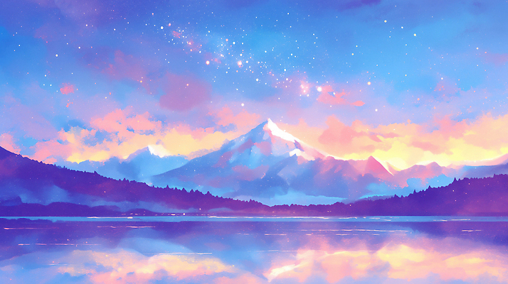 JPG 호수 예술 일러스트 자연 하늘 산 풍경 물 반사 평화 노을 고요 일몰 저녁 캔버스 색채 국내일러스트 AI일러스트 AI콘텐츠 자연요소 컨셉 야간 생태계 파일형식