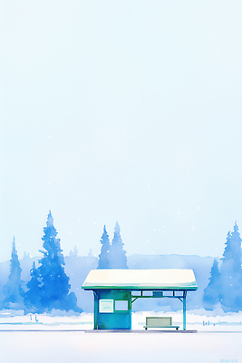 JPG 나무 여유 겨울 일러스트 자연 하늘 날씨 풍경 일상 파란색 평화 고요 기찻길 추위 대기 버스정류장 차가움 색채 국내일러스트 AI일러스트 AI콘텐츠 식물 계절 감정 컬러 컨셉 라이프 역 생태계 파일형식