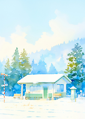 JPG 나무 겨울 일러스트 자연 하늘 산 주택 풍경 파란색 평화 고요 기찻길 숲속 숲 조용 청명 겨울풍경 국내일러스트 AI일러스트 AI콘텐츠 식물 계절 컬러 컨셉 건물 생태계 파일형식