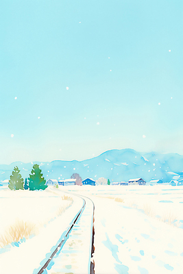 JPG 여행 이동 겨울 일러스트 자연 하늘 산 주택 눈꽃 풍경 초원 파란색 평화 마을 고요 기찻길 기차 국내일러스트 AI일러스트 AI콘텐츠 계절 육상교통 컬러 컨셉 대중교통 눈_날씨 건물 생태계 파일형식