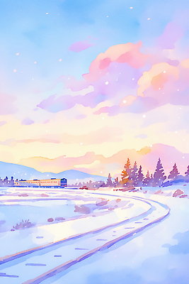 JPG 나무 분홍색 컬러 여행 겨울 일러스트 자연 하늘 산 풍경 파란색 평화 일몰 기찻길 기차 저녁 장면 조용 눈덮임 국내일러스트 AI일러스트 AI콘텐츠 식물 계절 육상교통 컨셉 대중교통 노을 야간 생태계 파일형식