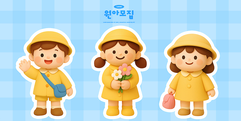 PSD 편집이미지 캐릭터 디자인 꽃 어린이 포즈 가방 표정 밝음 웃음 노란색 유치원 우비 원아모집 스타일 편집3D 식물 잡화 옷 교육 컬러 사람 3D 모집 원아 파일형식