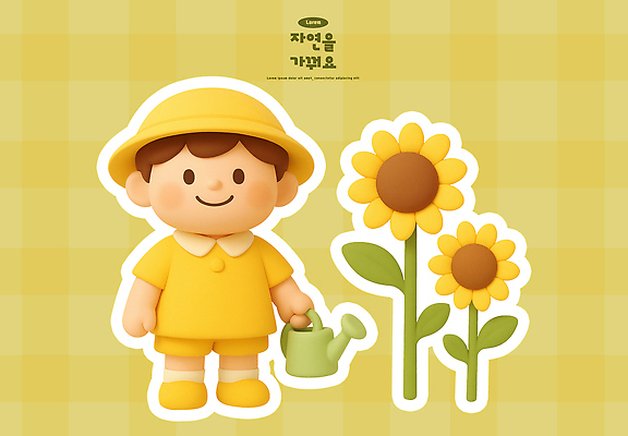 PSD 식물 편집이미지 꽃 어린이 자연 놀이 해바라기 사랑 소년 노란색 정원 꿈 물뿌리개 즐거움 기르기 몽환 편집3D 남자 감정 컬러 컨셉 사람 3D 생태계 돌봄 파일형식