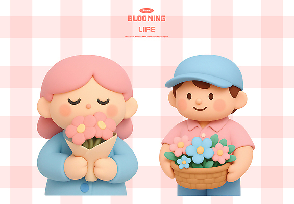 PSD 편집이미지 캐릭터 여자 남자 꽃 행복 분홍색 컬러 꽃다발 사랑 미소 바구니 귀여움 정원 체크무늬 편집3D 식물 감정 컨셉 무늬 표정 사람 3D 파일형식