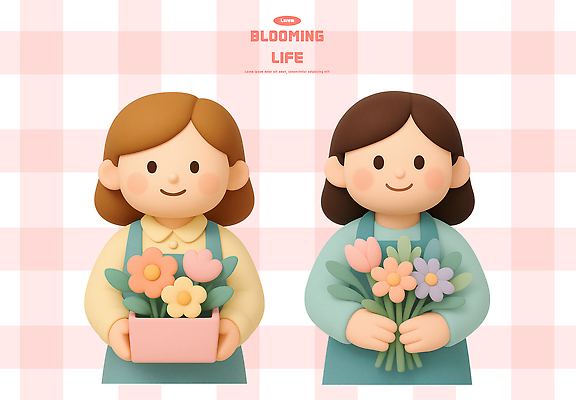 PSD 편집이미지 캐릭터 디자인 여자 꽃 화분 꽃다발 미소 귀여움 표현 그림 체크무늬 부드러움 색감 편집3D 식물 컨셉 무늬 표정 사람 3D 감각 파일형식