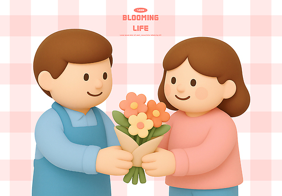 PSD 편집이미지 여자 남자 꽃 행복 꽃다발 선물 사랑 웃음 사람 친구 기쁨 상호작용 편집3D 식물 감정 관계 표정 3D 파일형식