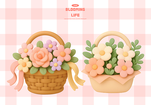 PSD 편집이미지 디자인 꽃 예술 분홍색 장식 바구니 봄 플라스틱 오브젝트 꽃바구니 조화 생동감 편집3D 식물 계절 컬러 재질 3D 파일형식
