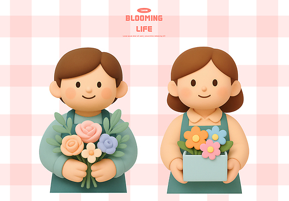 PSD 편집이미지 캐릭터 디자인 꽃 행복 컬러 꽃다발 자연 따뜻함 밝음 선물 미소 사람 상자 분위기 편집3D 식물 감정 컨셉 표정 3D 생태계 파일형식