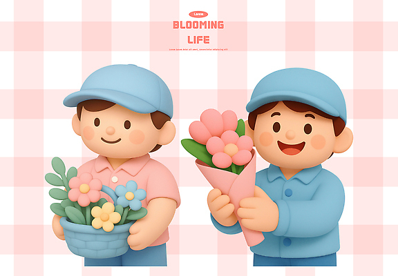 PSD 편집이미지 캐릭터 꽃 행복 분홍색 패턴 따뜻함 대화 사랑 미소 장식 회색 즐거움 원예 풍선 편집3D 식물 감정 컬러 무늬 표정 말하기 취미 3D 파일형식