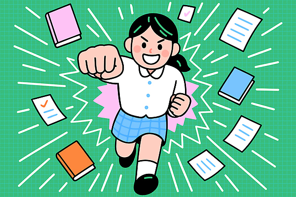 학생 여자 종이 일러스트 학교 모션 성공 일상 책 친구 학습 파이팅 힘 도전 성장 표현 자신감 목표 열정 긍정적 국내일러스트 AI파일 교육 감정 컨셉 관계 사람 라이프 파일형식 벡터