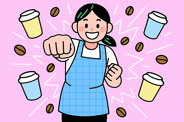 여자 행복 문화 커피 백그라운드 일러스트 미소 손짓 컵 사무실 파이팅 주먹 활발 카페 원두 작업 작업장 분위기 직원 즐거움 아르바이트 국내일러스트 AI파일 식기 감정 산업 음료 컨셉 비즈니스 모션 표정 사람 상점 파일형식 벡터