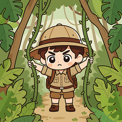 식물 동물 캐릭터 옷 길 어린이 일러스트 모션 자연 소년 환경 탐험 도전 휴일 숲 열대우림 모험가 즐거움 국내일러스트 AI파일 남자 감정 사람 생태계 파일형식 벡터