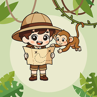 식물 동물 캐릭터 어린이 지도 일러스트 장난 모션 자연 열대 웃음 소년 친구 환경 탐험 도전 원숭이 열대우림 즐거움 탐사 국내일러스트 AI파일 남자 감정 포유류 관계 표정 사람 숲 생태계 파일형식 벡터