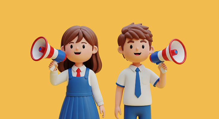 PSD 편집이미지 학생 어린이 백그라운드 모션 소녀 소년 여러명 노란색 확성기 소리 표현 즐거움 열정 장면 의견 밝은색 편집3D 여자 남자 감정 컬러 다수 사람 3D 파일형식