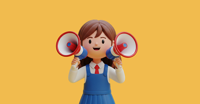 PSD 편집이미지 캐릭터 학생 디자인 어린이 백그라운드 모션 표정 미소 노란색 귀여움 확성기 즐거움 목소리 소통 편집3D 감정 컬러 컨셉 사람 3D 파일형식