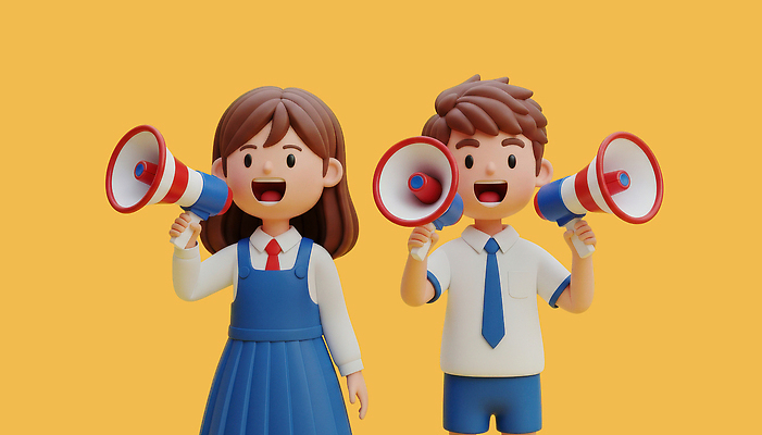 PSD 편집이미지 학생 어린이 백그라운드 모션 웃음 친구 확성기 표현 메시지 즐거움 장면 목소리 소통 밝은색 편집3D 감정 컨셉 관계 표정 사람 3D 파일형식