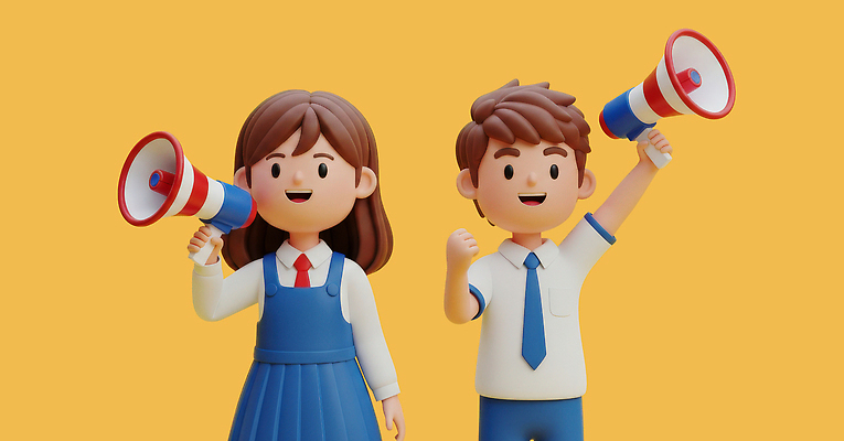 PSD 편집이미지 학생 어린이 응원 모션 표정 두명 친구 확성기 소리 표현 즐거움 목소리 동심 편집3D 감정 관계 사람 3D 파일형식