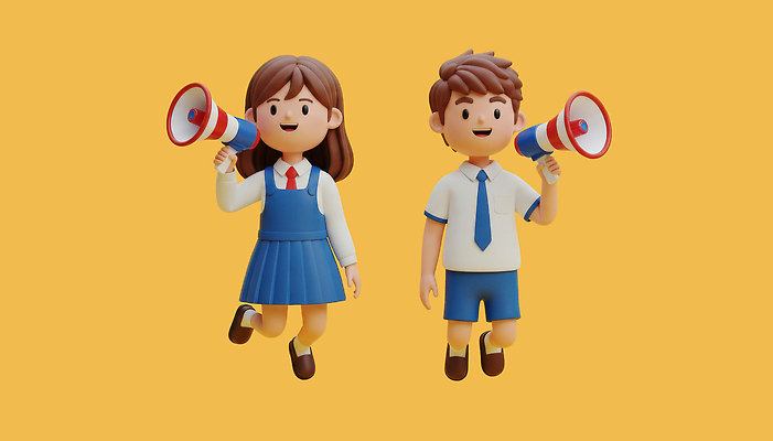 PSD 편집이미지 캐릭터 학생 초등학생 백그라운드 학교 모션 표정 대화 정장 두명 확성기 즐거움 소통 밝은색 편집3D 옷 교육 감정 컨셉 말하기 사람 3D 파일형식