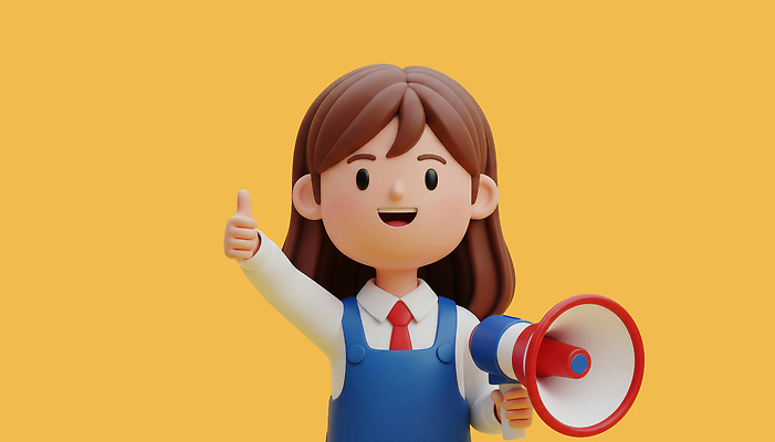 PSD 편집이미지 캐릭터 학생 긴머리 행복 미소 소녀 귀여움 확성기 엄지손가락 표현 자신감 마이크 소통 노란배경 자부심 편집3D 헤어스타일 여자 감정 어린이 음향기기 백그라운드 컨셉 손가락 표정 노란색 3D 파일형식