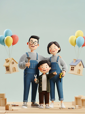 JPG 편집이미지 아들 어린이 가족 주택 목재 부모 모형 기쁨 도구 작업 목수 만들기 풍선 조화 편집3D AI컴퓨터그래픽 AI콘텐츠 나무 직업 감정 재료 관계 모션 사람 건물 3D 파일형식