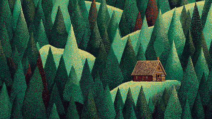 JPG 나무 일러스트 자연 산 주택 풍경 파란색 평화 환경 고요 숲속 숲 오두막 힐링 일상탈출 풍경화 국내일러스트 AI일러스트 AI콘텐츠 식물 컬러 컨셉 건물 그림 생태계 파일형식