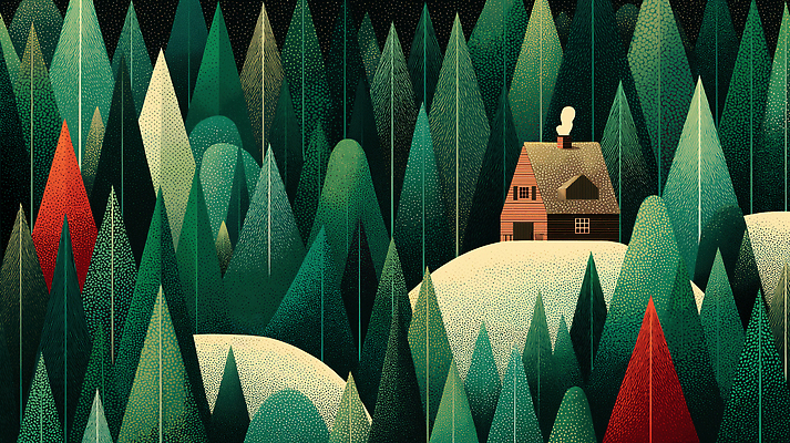 JPG 나무 일러스트 자연 산 주택 풍경 초원 파란색 평화 고요 시골 연기 숲 오두막 화합 조화 울창 아기자기 국내일러스트 AI일러스트 AI콘텐츠 식물 컬러 컨셉 건물 생태계 파일형식