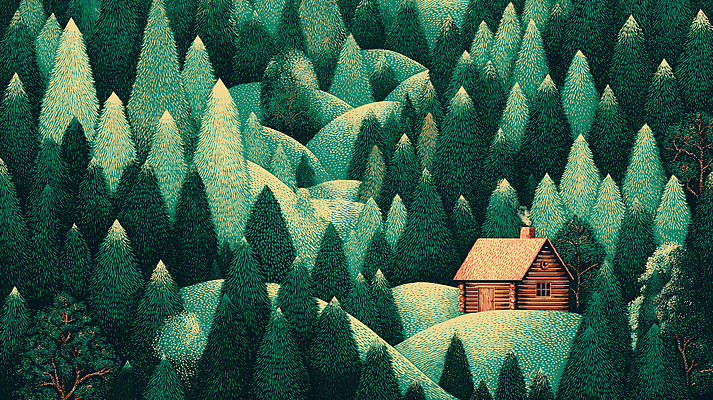 JPG 나무 여유 여행 일러스트 자연 휴식 산 풍경 목재 초록색 평화 환경 고요 시골 숲 오두막 언덕 조용 국내일러스트 AI일러스트 AI콘텐츠 식물 감정 컬러 컨셉 재료 생태계 파일형식