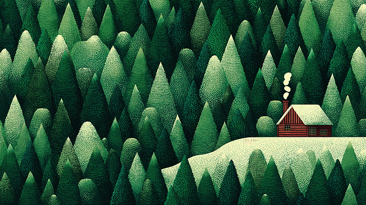 JPG 나무 일러스트 자연 산 주택 풍경 취미 초록색 평화 고요 연기 숲 오두막 조용 웅장함 국내일러스트 AI일러스트 AI콘텐츠 식물 컬러 컨셉 건물 생태계 파일형식