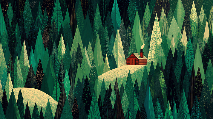 JPG 나무 단풍 일러스트 자연 휴식 산 따뜻함 풍경 빨간색 초록색 평화 환경 맑음 고요 연기 숲속 숲 오두막 조용 국내일러스트 AI일러스트 AI콘텐츠 식물 컬러 컨셉 잎 날씨 생태계 파일형식