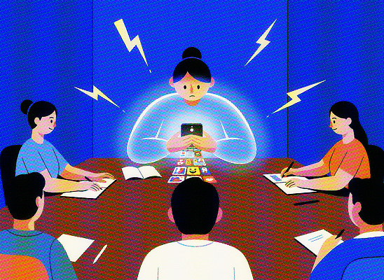 JPG 일러스트 비즈니스 탁자 회의 협력 아이디어 직장 대화 여러명 계획 토론 질문 집중 전략 스마트폰중독 인터넷중독 소통 가능 창의성 국내일러스트 AI일러스트 AI콘텐츠 가구 다수 컨셉 회사 말하기 사람 스마트폰 중독 파일형식