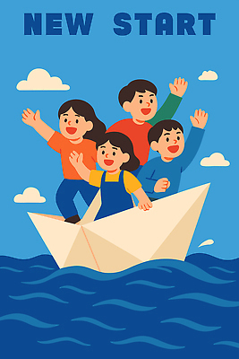 행복 어린이 바다 일러스트 놀이 기념 웃음 여름 파란색 친구 도전 즐거움 종이배 손흔들기 국내일러스트 AI파일 계절 감정 컬러 관계 모션 표정 사람 종이접기 파일형식 벡터