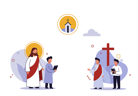 교육 기독교 종교 일러스트 대화 사람 교회 믿음 성경 천주교 기도 예수 축복 신도 예배 공동체 전도 국내일러스트 AI파일 감정 컨셉 종교용품 종교건축 말하기 건물 신_종교 파일형식 벡터