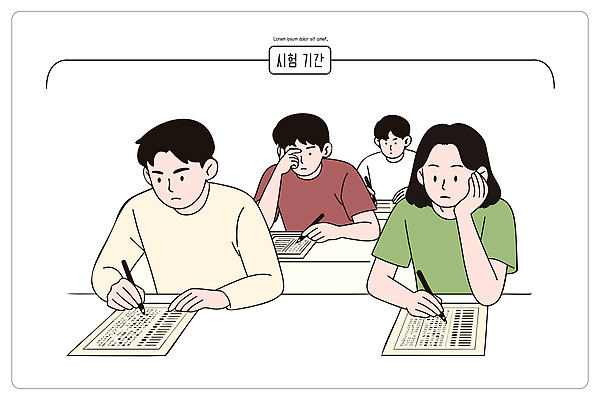 학생 교육 일러스트 교실 협력 친구 학습 필기구 시험 집중 성적 시험지 문제풀이 긴장 평가 시험준비 책임감 국내일러스트 AI파일 감정 컨셉 학교 관계 문구용품 준비 파일형식 벡터