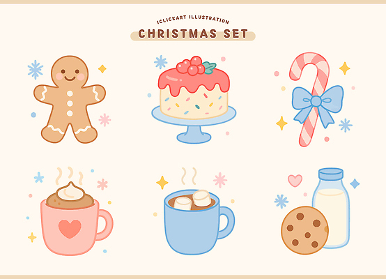 계절 음료 컬러 크리스마스 일러스트 디저트 사탕 미소 장식 쿠키 과자 귀여움 케이크 축제 우유 마시멜로우 따뜻한음료 진저쿠키 국내일러스트 AI파일 기념일 음식 컨셉 유제품 표정 파일형식 벡터