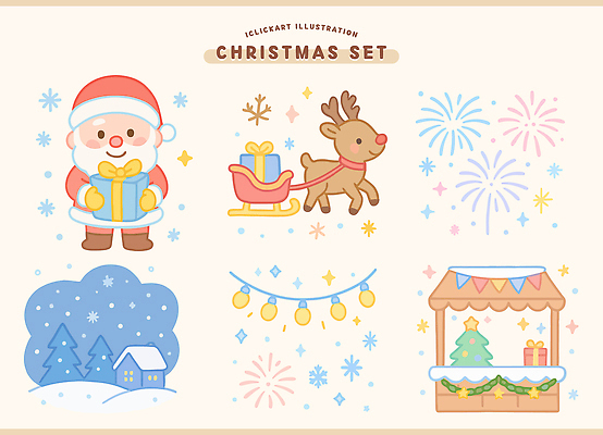 캐릭터 컬러 백그라운드 크리스마스 겨울 일러스트 놀이 선물 장식 크리스마스트리 산타클로스 축제 화려 즐거움 보따리 순록 오르골 국내일러스트 AI파일 계절 기념일 감정 컨셉 파일형식 벡터