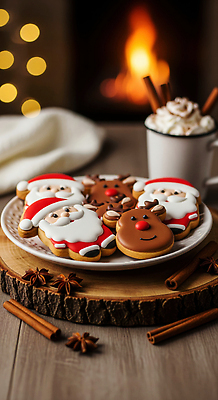 JPG 편집이미지 접시 크리스마스 겨울 탁자 디저트 빛 산타클로스 쿠키 축제 코코아 순록 시나몬 홈파티 편집실사 AI포토 AI콘텐츠 식기 계절 기념일 음료 음식 가구 파티 CG 파일형식