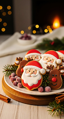 JPG 편집이미지 기념일 행복 크리스마스 겨울 탁자 디저트 조명 장식 산타클로스 파티 쿠키 식사 순록 회식 편집실사 AI포토 AI콘텐츠 계절 감정 음식 가구 이벤트 CG 파일형식